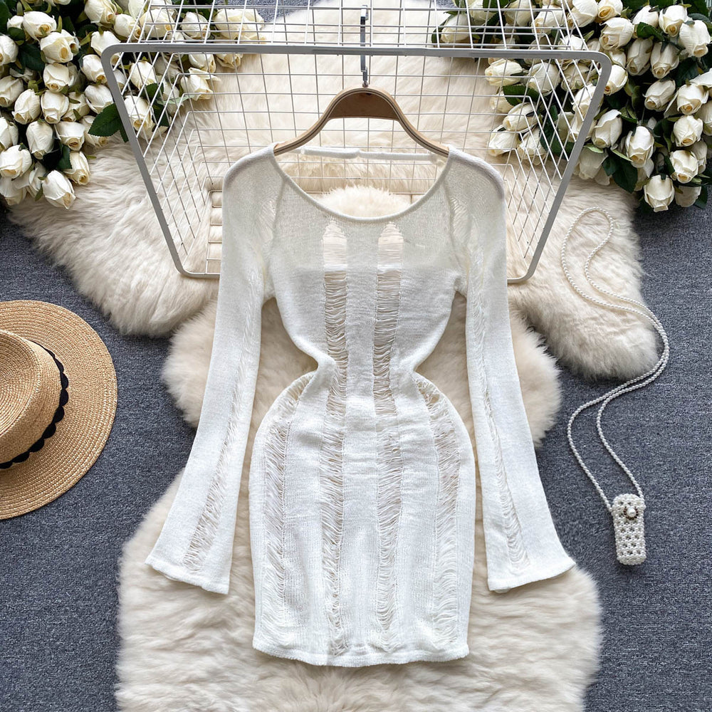 Summersexycut out thin long sleevesknittingshort skirtelegantsilmslimming lookpure desire hot girl backlessdress