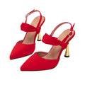 European and american red pointed-toe peep-toe sandals for women, featuring bow decorations and unique metal heel designs, fashionable high heels for banquets and formal occasions