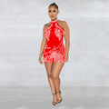 C6265 cross-border   fashion women's mesh see-through rhinestone sleeveless shorts jumpsuit