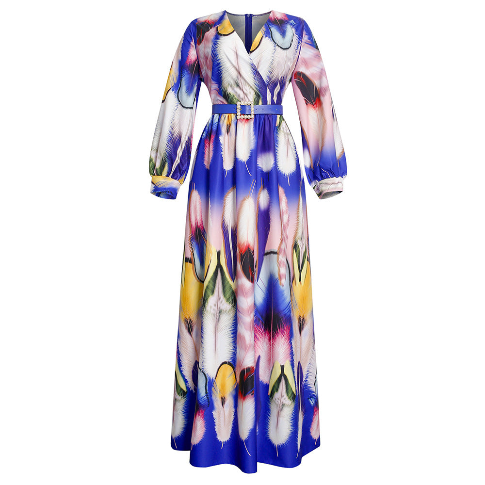 Kayaat clothing new arrival waist slimming look tall and slim oversized graffiti chiffon v neckdress african women's clothing plus size