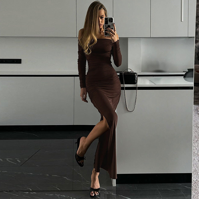 autumn european and american style cross-border women's fashion new one-shoulder sexy bodycon pleated side slit dress