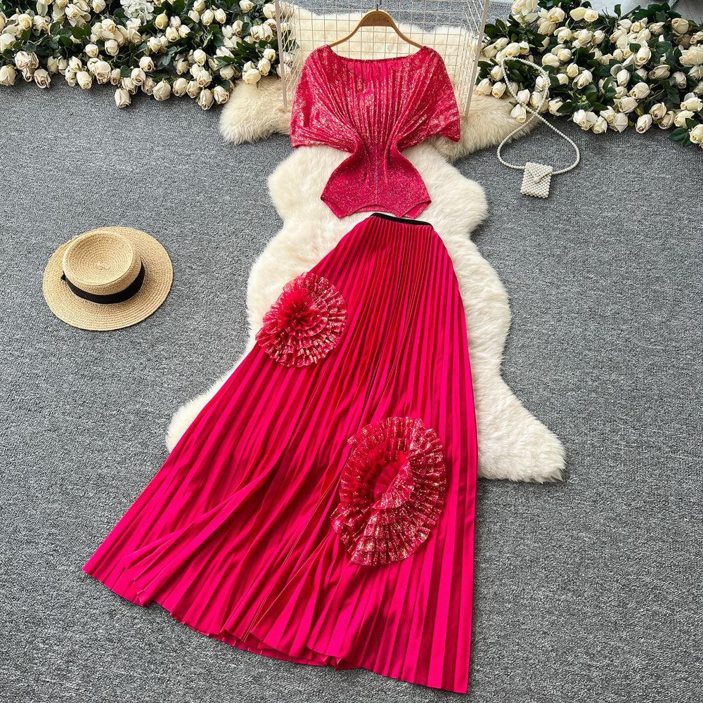Miya pleated european and american style two-piece set: women's slim-fit short-sleeve pleated top with floral high-waisted pleated midi skirt