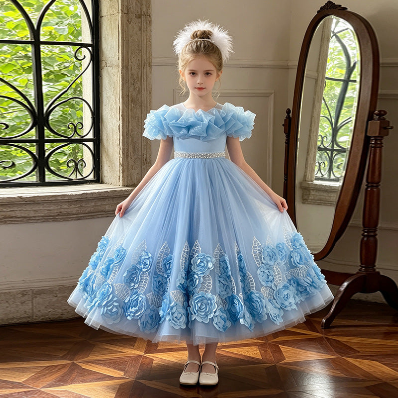 new arrivallonggirl dress stereo applique tutu tulle kids birthday princess dress flower girl wedding dress