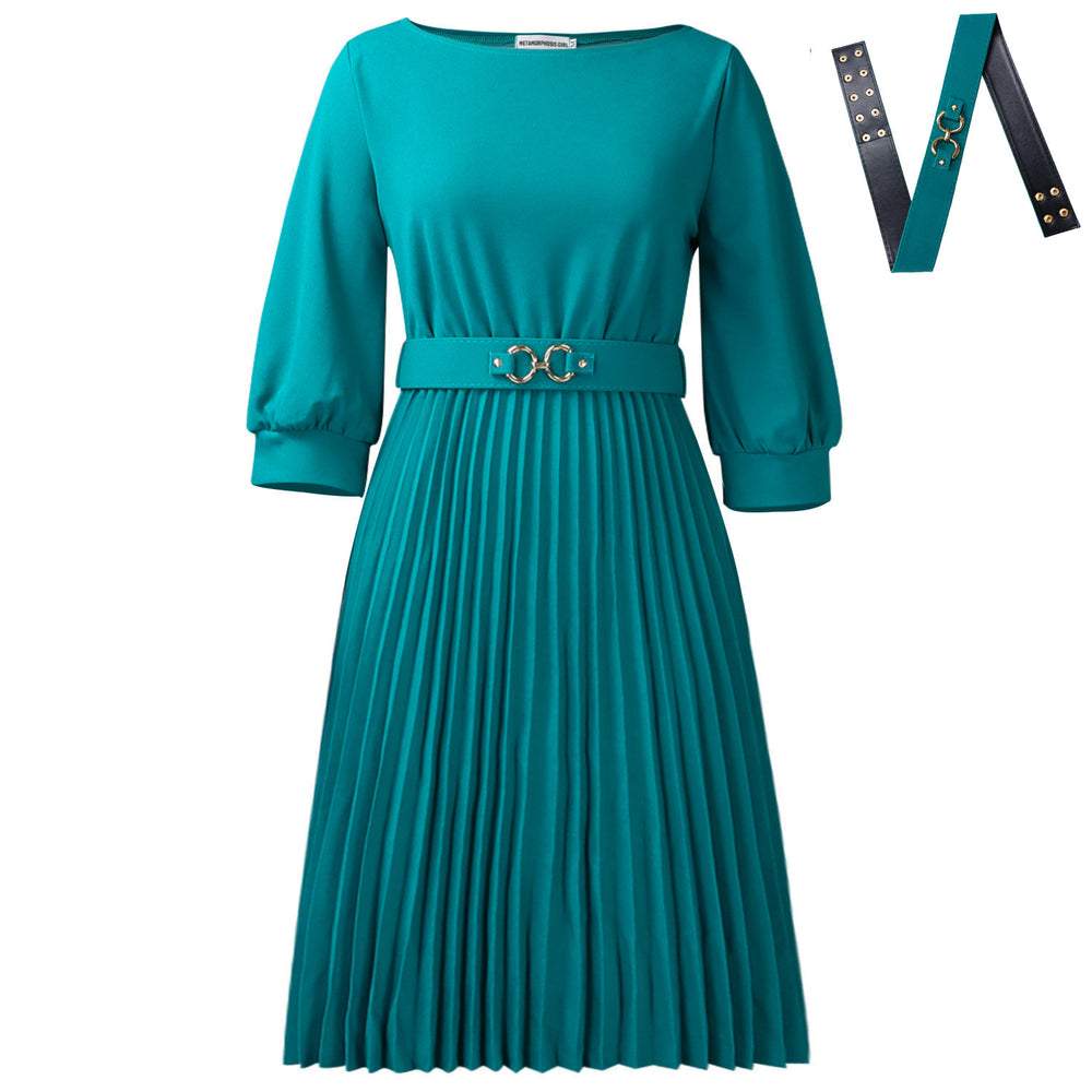 C3344  cross-border new women's fashionable and elegant round neck three-quarter sleeve pleated african dress