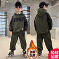 Boys' winter fleece-lined thickened set  casual mid-to-large children's outfit boy's hoodie and sweatpants sports two-piece set