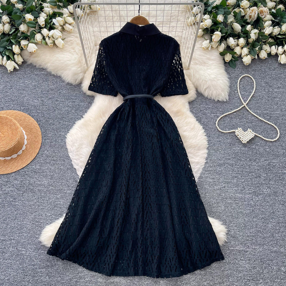 French chic black lace-trimmed dress - summer korean style short sleeve tie-waist slimming a-line maxi dress