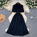 French chic black lace-trimmed dress - summer korean style short sleeve tie-waist slimming a-line maxi dress