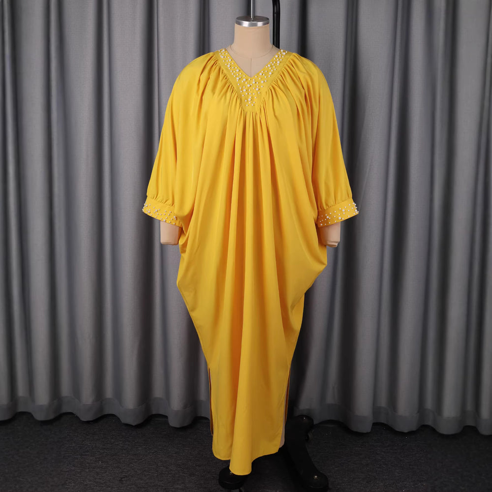 african bat sleeve beaded v neckdress loose pleated slit party robe dressbubudress