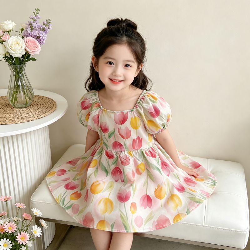 【matching family outfit】girls' tulip floral dress - summer kids' square neck puff sleeve princess style dress