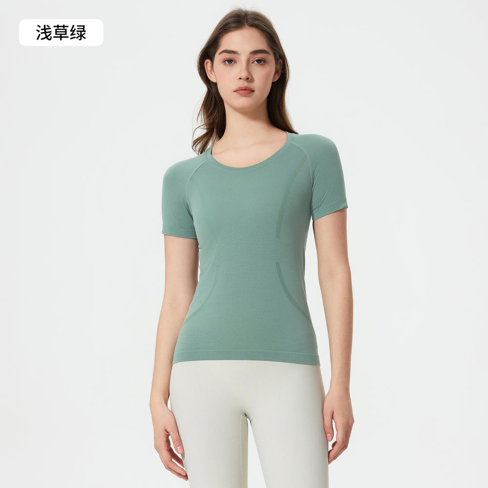Summer seamless one-piece knit crew neck yoga top - slim fit, quick-dry, breathable running & workout short sleeve tee for women - d25073