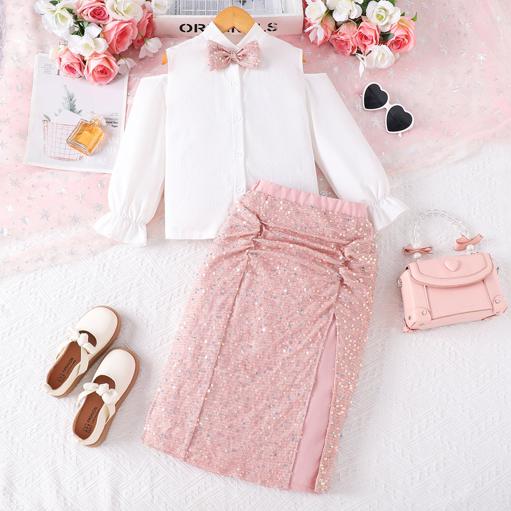 girls' skirt set: long-sleeve blouse with off-shoulder design and pink sequin midi skirt - autumn two-piece outfit for kids