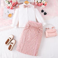 girls' skirt set: long-sleeve blouse with off-shoulder design and pink sequin midi skirt - autumn two-piece outfit for kids