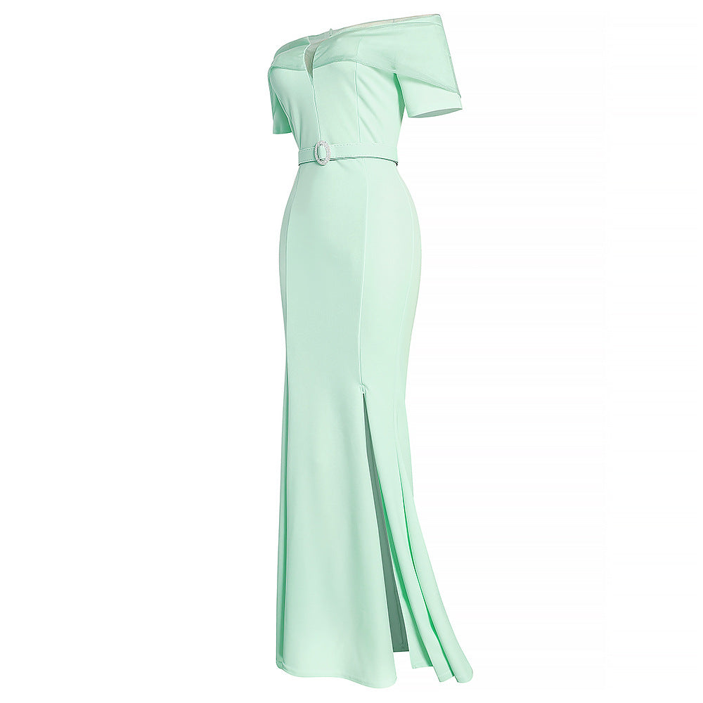 African foreign trade   women's plus size mesh off-the-shoulder ol commute sexy slit dress