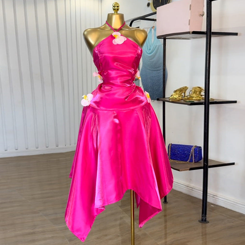 European and american cross-border women's fashion:  summer new arrivals - sexy and elegant butterfly embellished high-waisted halter neck asymmetrical dress