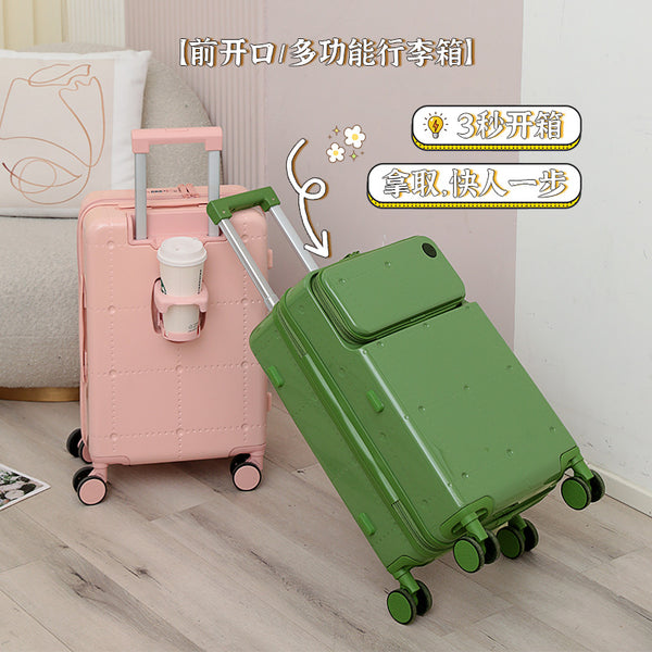 2024 new front open cup holder suitcase female trolley case 20 inch boarding case male password case