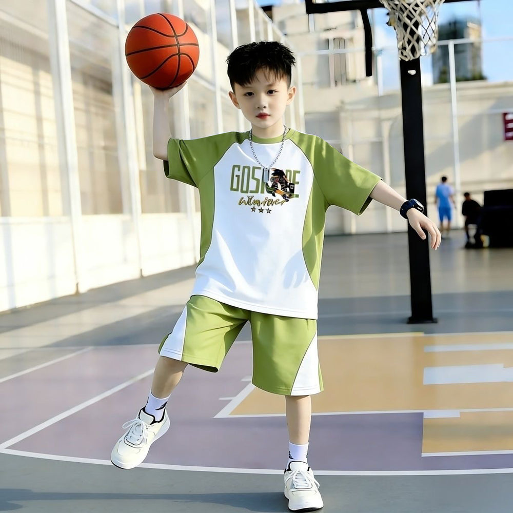 Kids'  short-sleeve & shorts set - trendy boys' basketball outfit - mid-to-large size - new summer sports two-piece set for boys