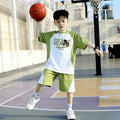 Kids'  short-sleeve & shorts set - trendy boys' basketball outfit - mid-to-large size - new summer sports two-piece set for boys