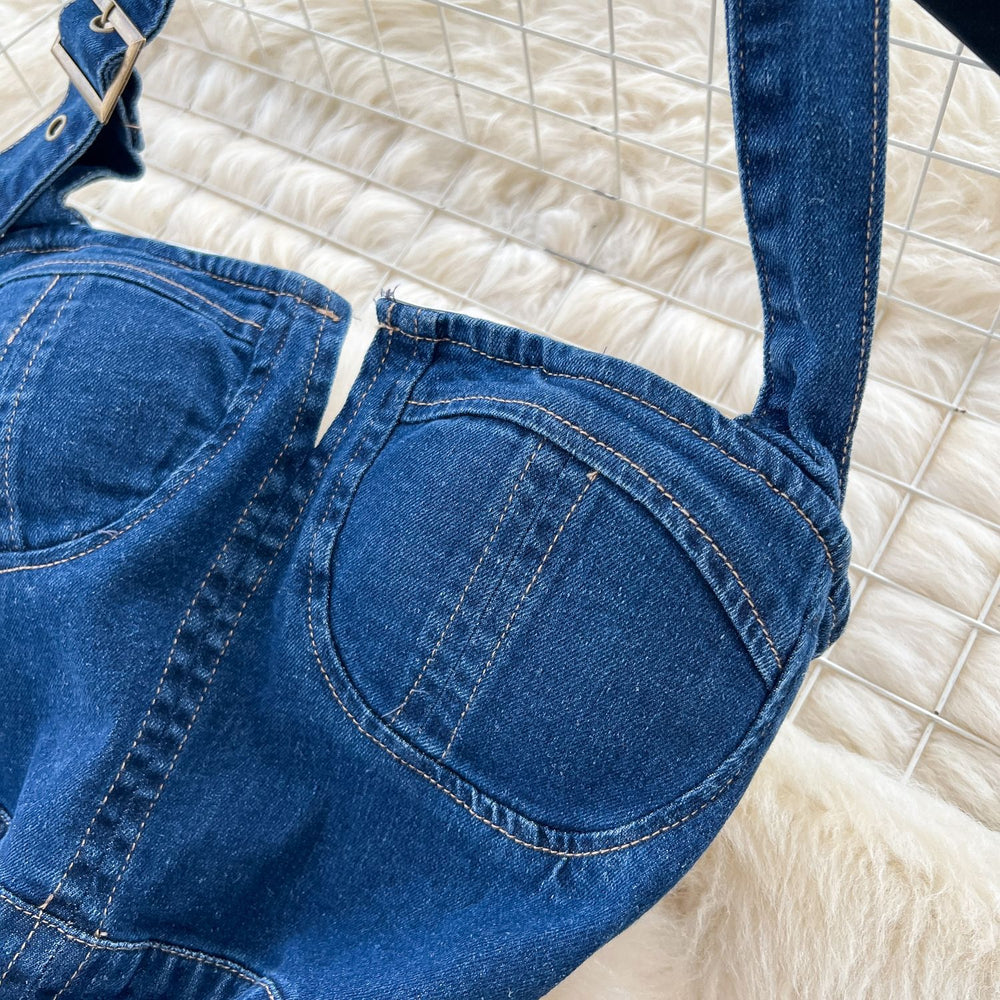 Goddess style sexy halterneck dress women's  summer clever slit waist tube top denim hip skirt
