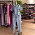 European and american cross-border women's fashion:  summer new arrival - stylish and elegant blue striped short-sleeve shirt and pants set with turn-down collar