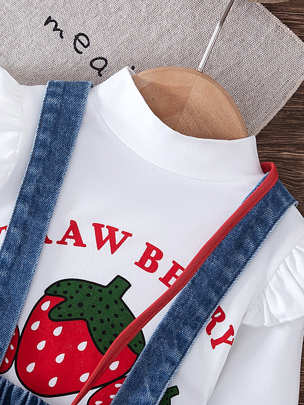 new autumn cross-border baby & toddler flutter sleeve printed top + embroidered denim suspender skirt with bag 3-piece set