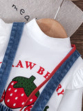 new autumn cross-border baby & toddler flutter sleeve printed top + embroidered denim suspender skirt with bag 3-piece set