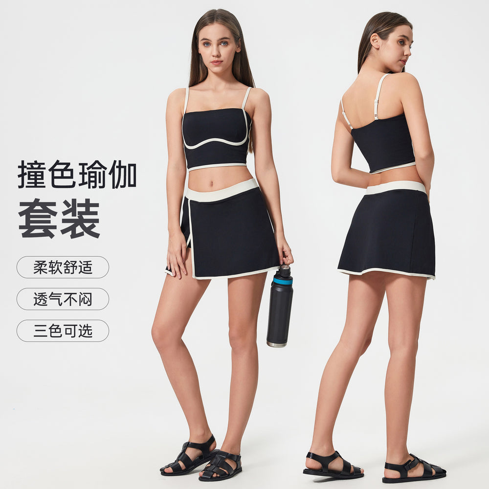 Contrast color sports tennis skirt yoga suit women's high intensity bubble wrap vest women's nude butt lift fitness nine-point pants