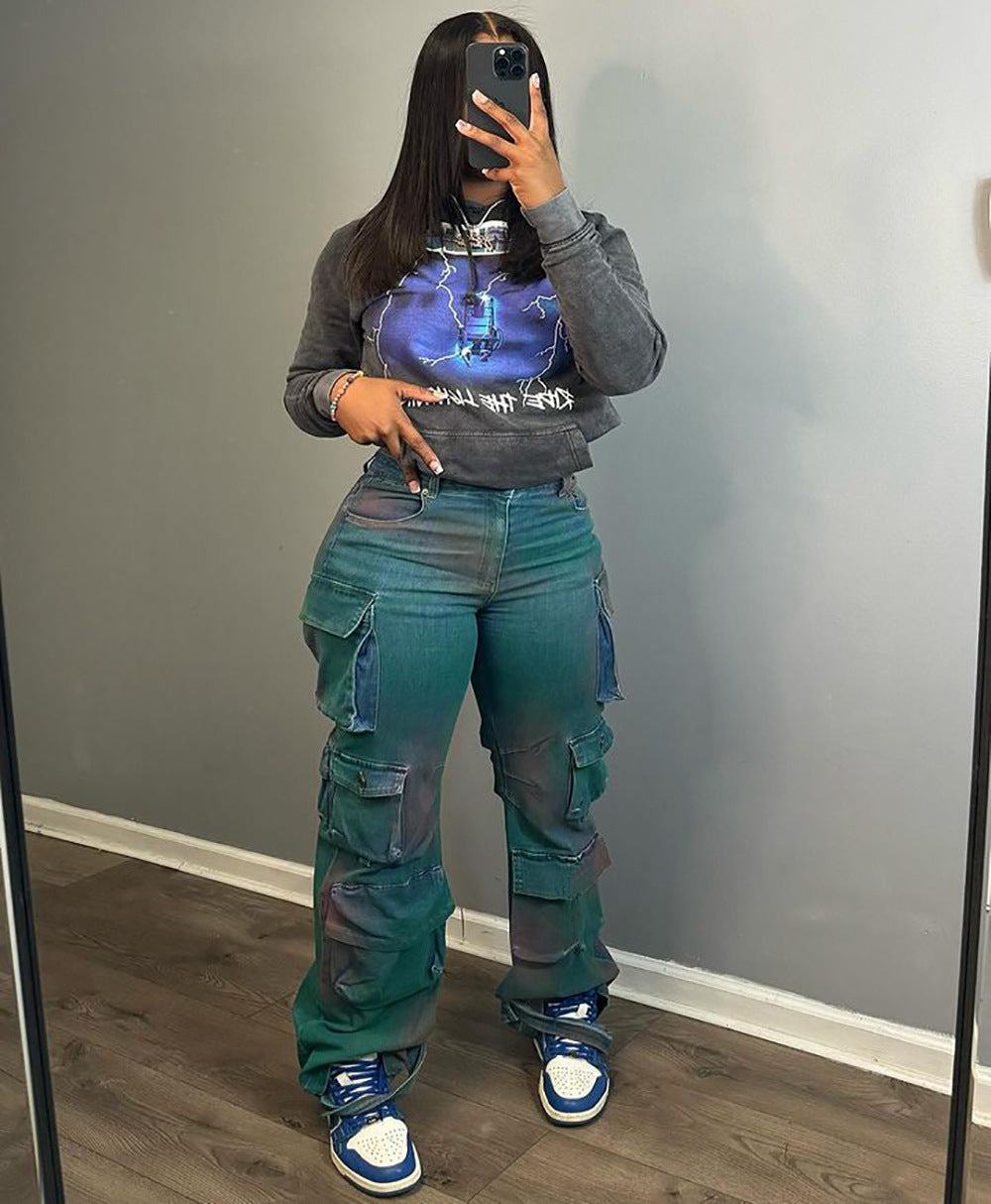 European and american cross-border women's fashion:  bestseller - trendy, unique, multi-pocket tie-dye denim jeans, high-waisted straight leg
