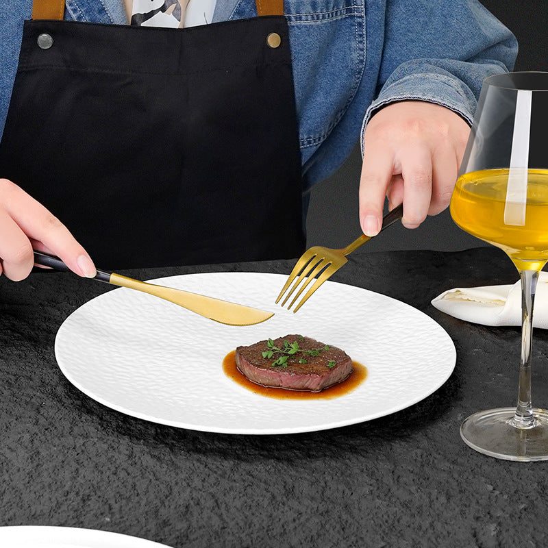 Minimalist white ceramic stone texture round dinner plate - embossed texture ceramic plate - high-end steak plate for restaurant - food serving plate