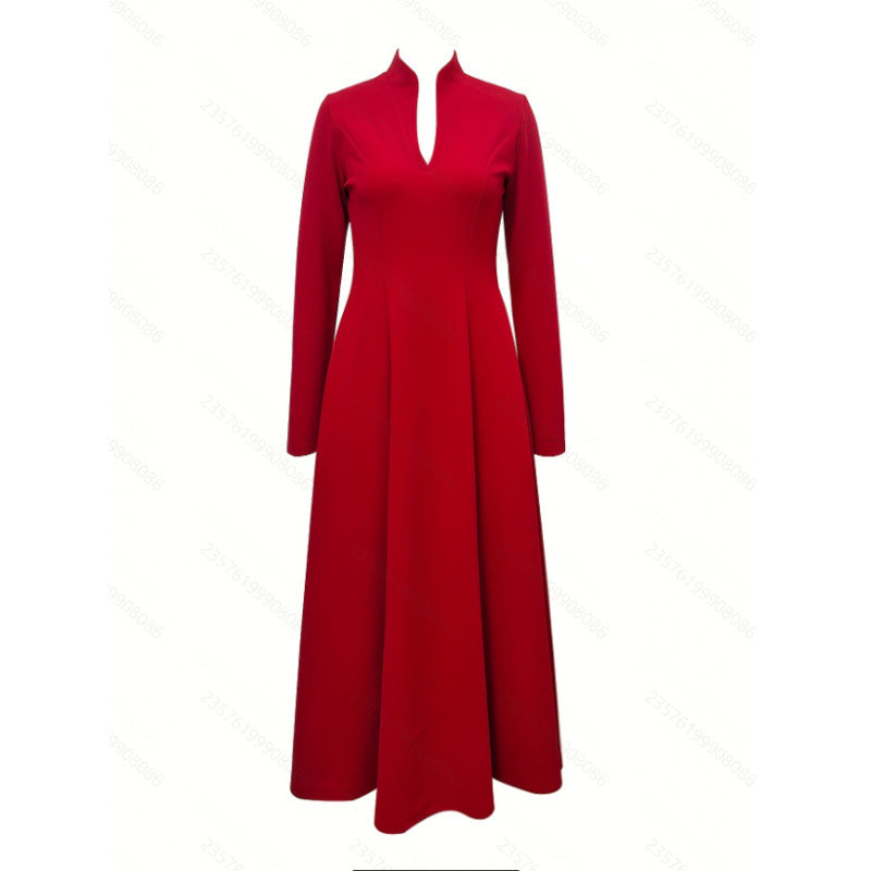 Women's spring/autumn fashionable elegant solid color stand collar slim fit long sleeve dress - perfect for casual, business, office, and date outings