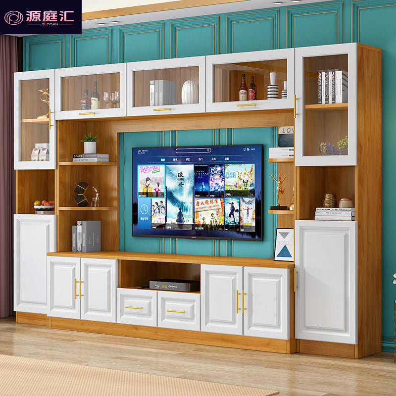 Solid wood tv stand - high capacity, large storage, stylish design - integrated living room light luxury background wall tv cabinet