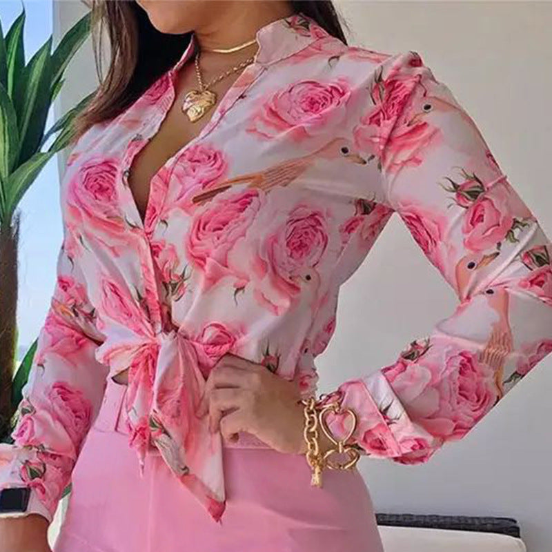 European and american export women's suit  cross-border new product lightly mature digital printing stand collar long sleeves shirt women's tops