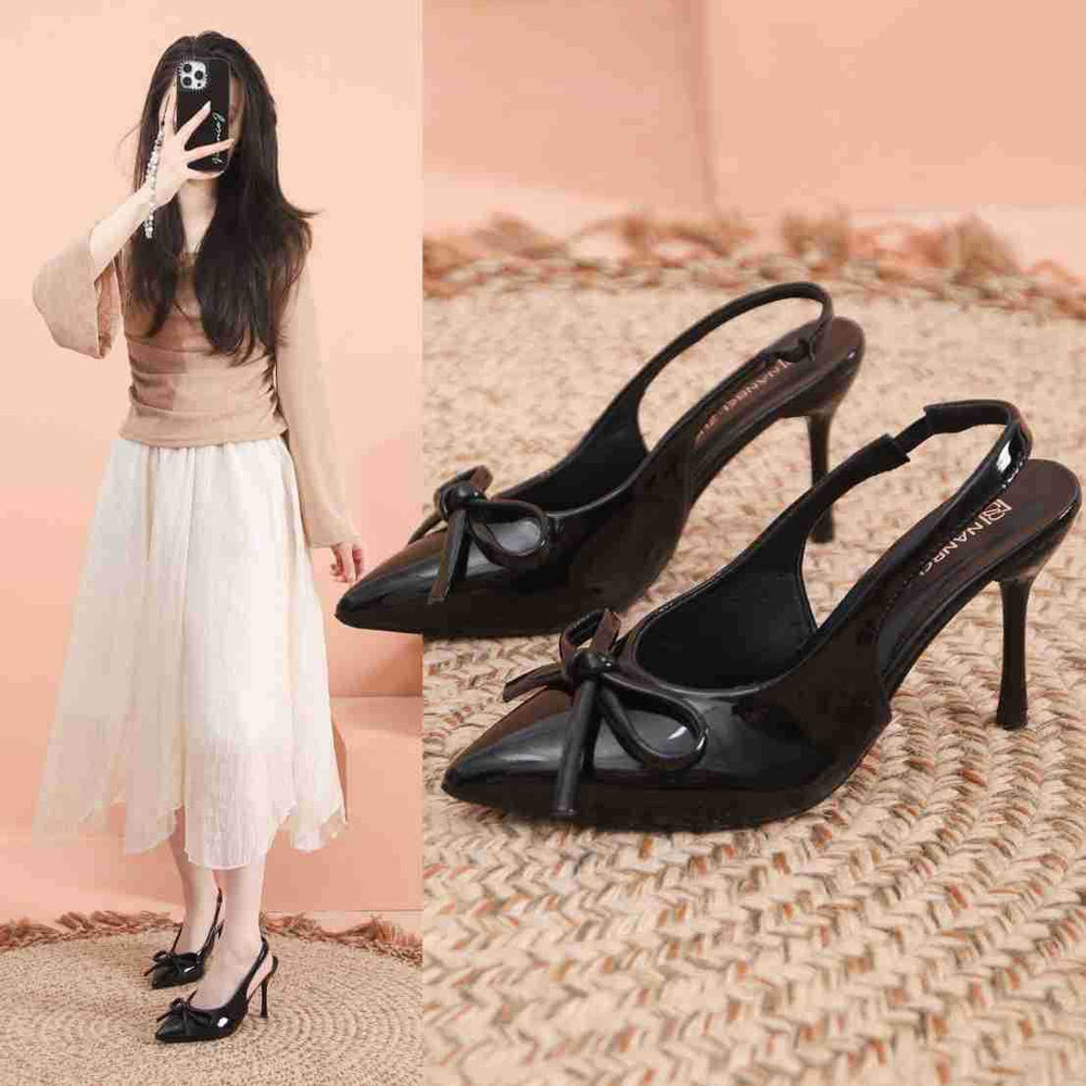 Baotou high heels 2025 spring & fallnew arrival pointed toe bowselegant socialite fashion back empty flats for women