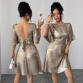 Amazon fashion cross-border women's flared sleeve backless tie-waist a-line mini dress