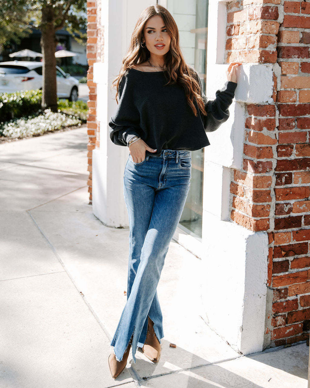 wide-leg slit jeans for women, european and american new style,  elegant high-waisted commuter jeans