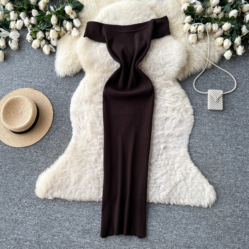 K-style one-shoulder knitting silm-type dress female summer sleeveless high waist silm a-line long skirt light and elegant