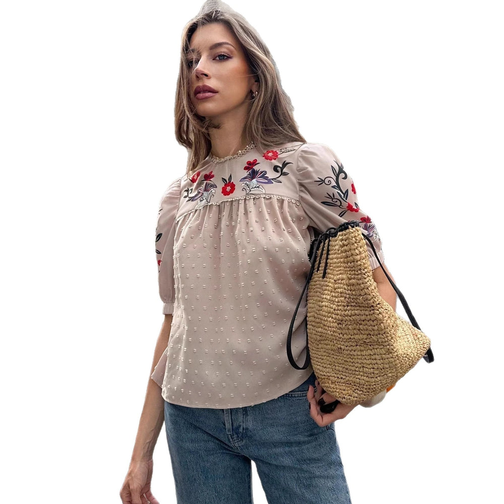 Amazon fashion cross-border women's clothing  spring and summer new french retro floral slimming look short sleeve shirt