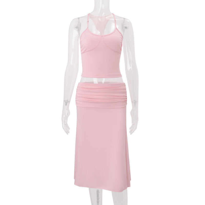 European and american style women's summer  new sexy solid color camisole inner layer top with slim-fit pleated midi skirt set