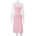 European and american style women's summer  new sexy solid color camisole inner layer top with slim-fit pleated midi skirt set