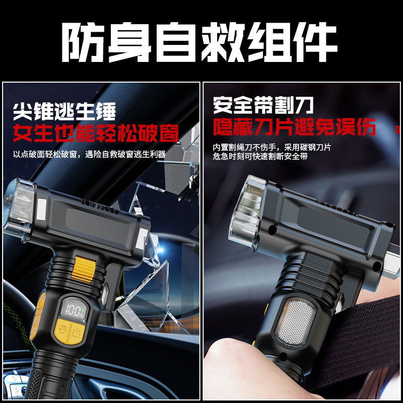 Cross-border new multi-function safety hammer white laser flashlight USB charging red light warning beep LED work light