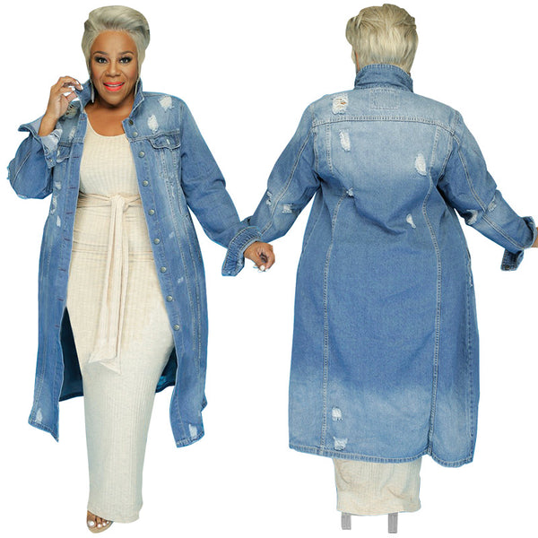 MY862  , European and American large-size women's clothing 2021 autumn and winter new product hole casual denim jacket trend