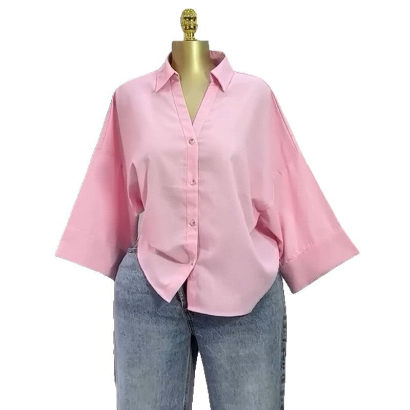 European and american cross-border women's clothing:  summer new arrivals - fashionable, loose-fit, sweet, and designer-inspired striped shirt top with turn-down collar