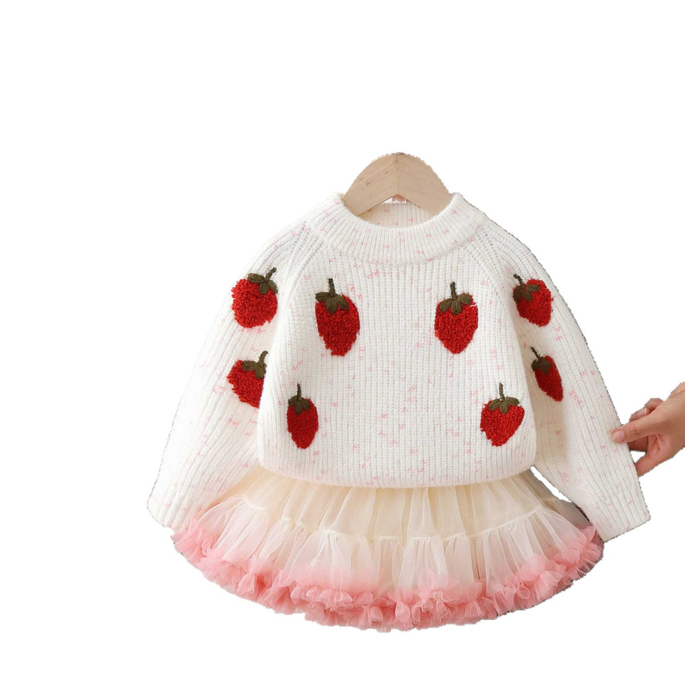 Girls' sweater set : stylish spring/autumn strawberry knit two-piece outfit with tutu skirt