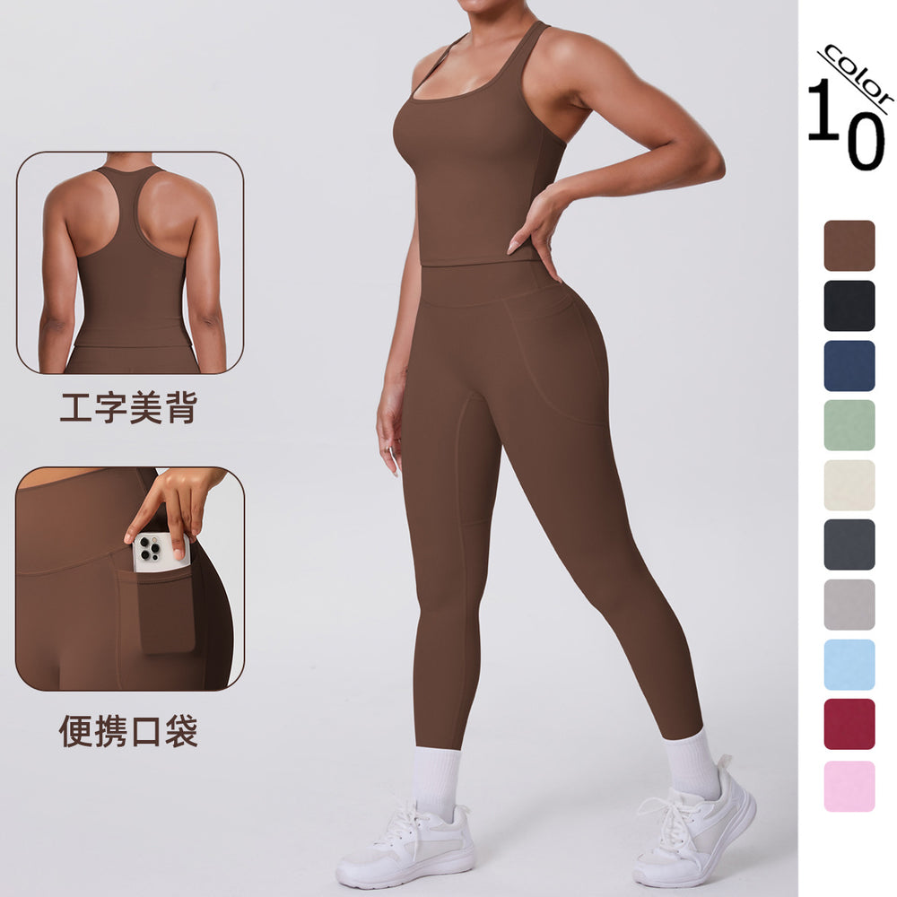 fashion brushed pure color tight racerbackflap pocket pants sports suit running fitness yoga clothes two-piece set
