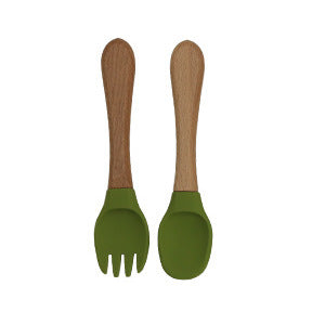 Factory direct sales silicone wooden handle complementary food fork and spoon  baby spoon baby training eating fork and spoon set wholesale