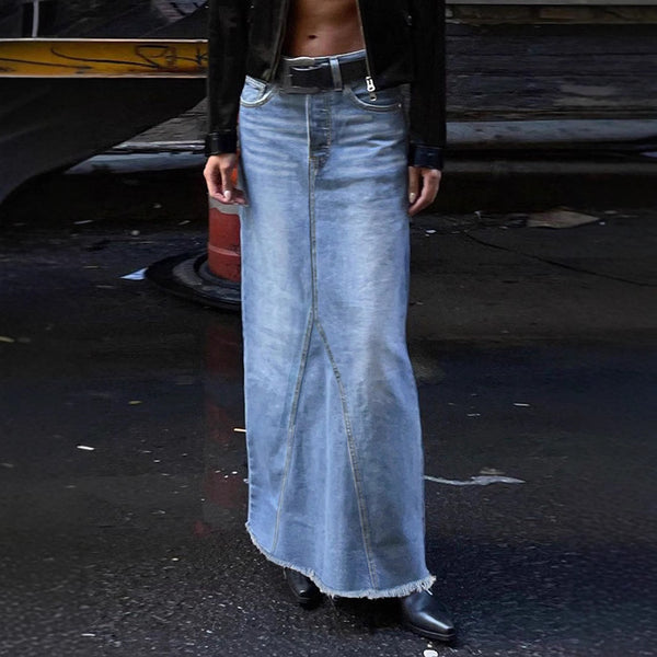 Cross-border European and American denim skirt women's 2025 spring versatile split fork washed medium and long skirt washed A-shaped skirt