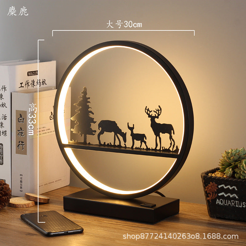 Minimalist modern nordic table lamp - bedside night light with round reindeer design, touch & remote control, usb charging port