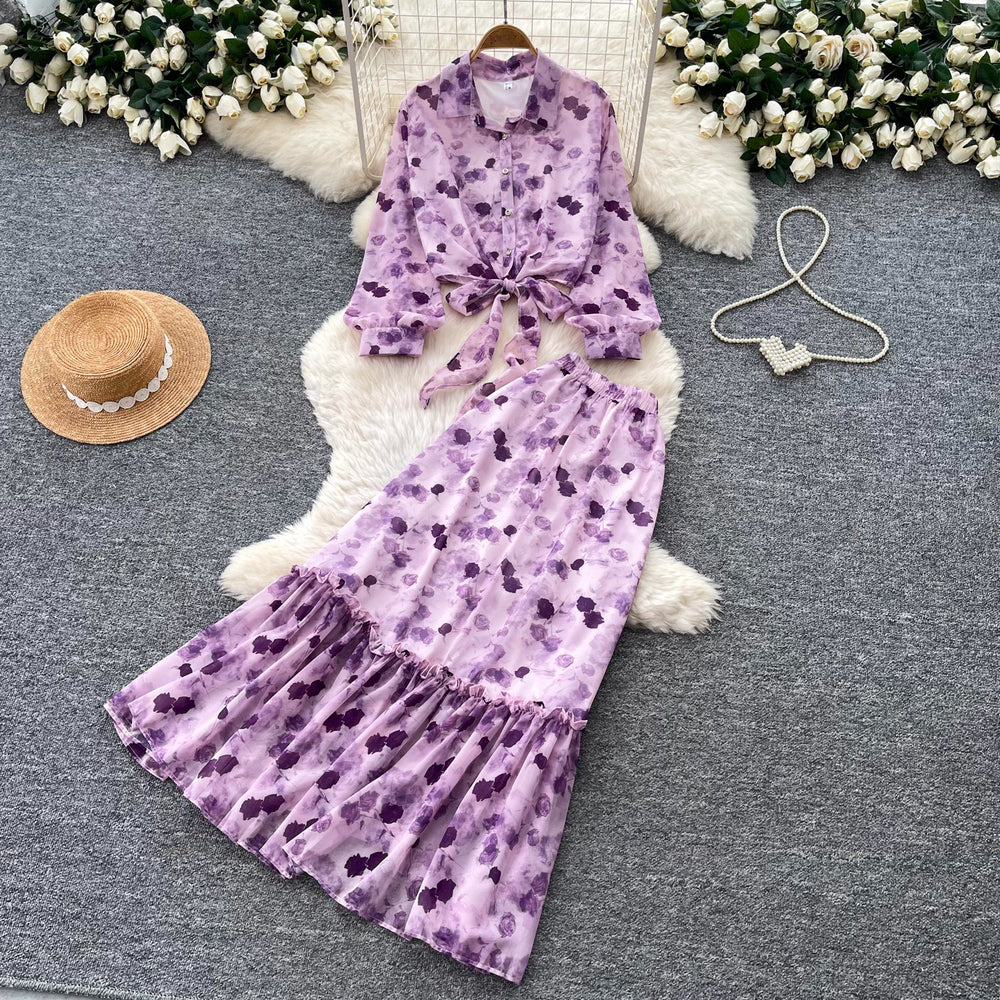 French romantic pink floral print blouse and midi skirt two-piece set - women's autumn commute outfit with tie waist, slimming and elegant