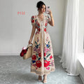 Short-sleeved long skirt fixed printingdress women's summer slimming look suit retro collar palace style waist niche styledress