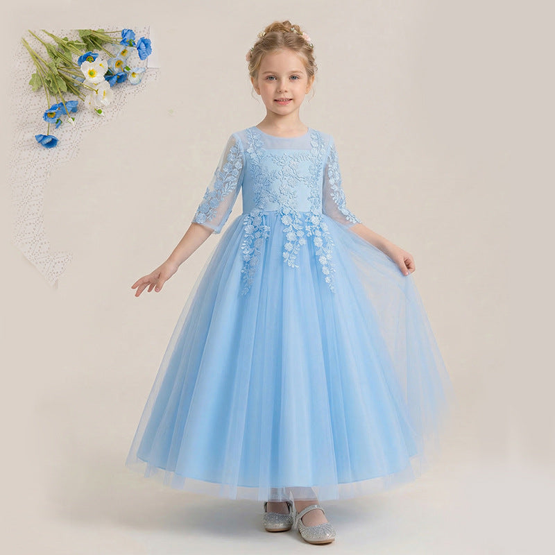 European and american style flower girl dress long sleeve princess children's wedding dress tutu girl's princess dress three-quarter sleeve summer