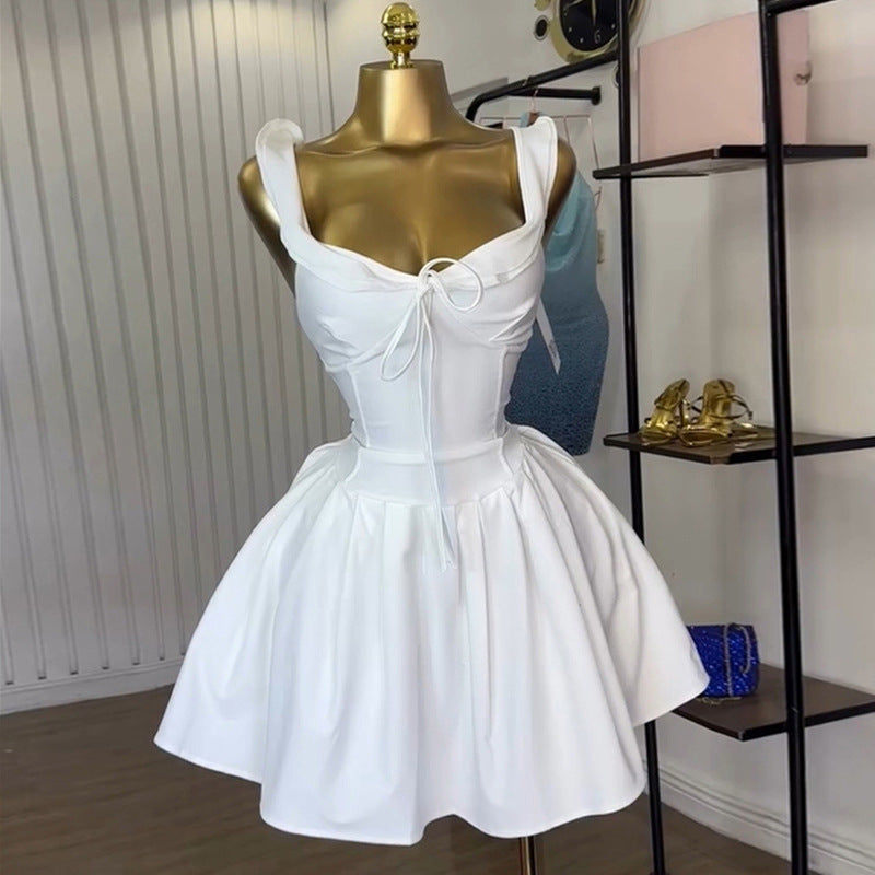 European and american cross-border women's fashion:  summer new arrival - elegant tie-waist high-waisted a-line sleeveless mini slip dress